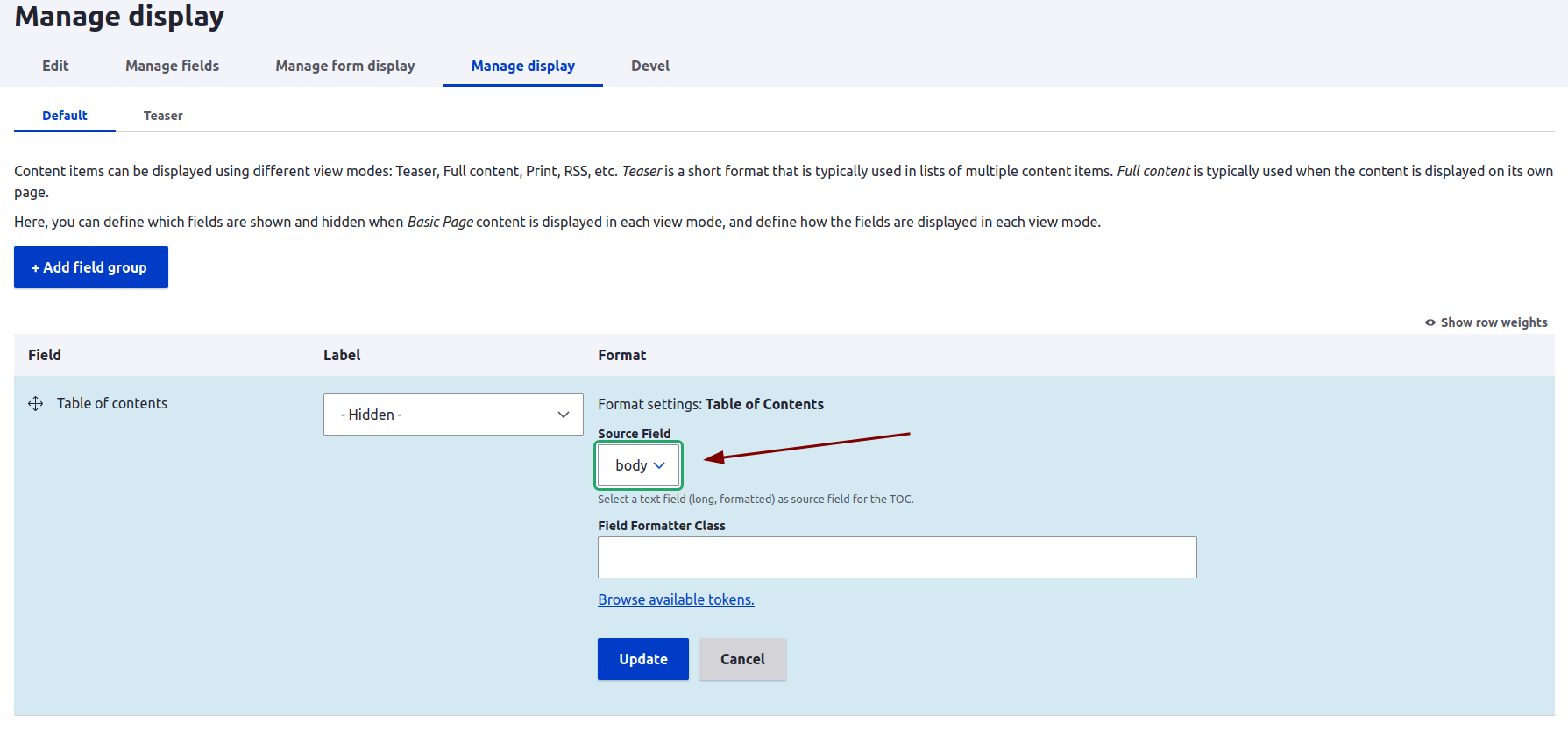 Screenshot of the Table of Contents Field configuration page.